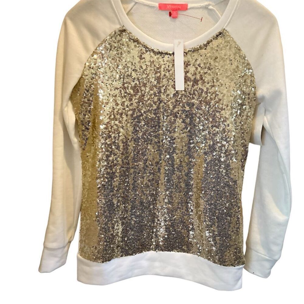 XAREN Women's Gold Sequin Crew Neck Pullover Top M Long Sleeve Party Casual